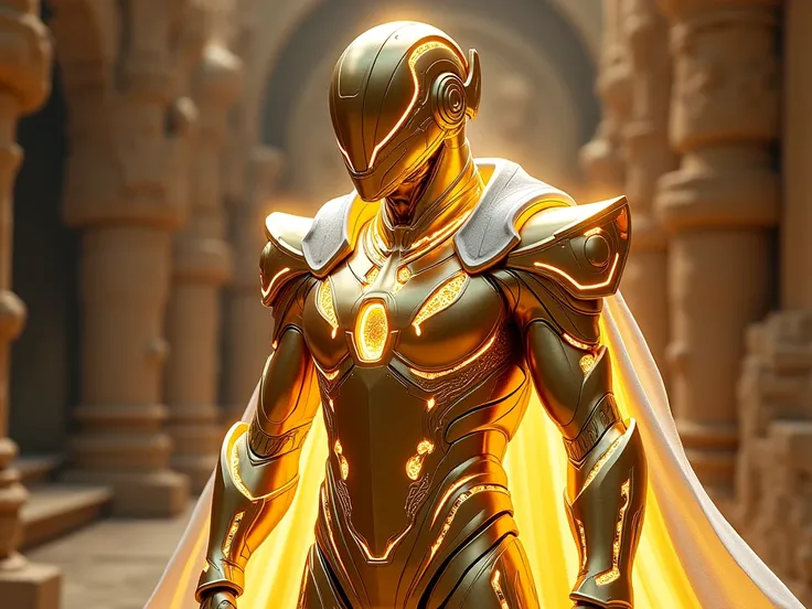 "Nûr, the chosen protector of an ancient Middle Eastern civilization, wears a suit that is the epitome of futuristic technology and mysticism. His armor, a dazzling blend of gold and pure white, is crafted from advanced materials found only in the deepest ...