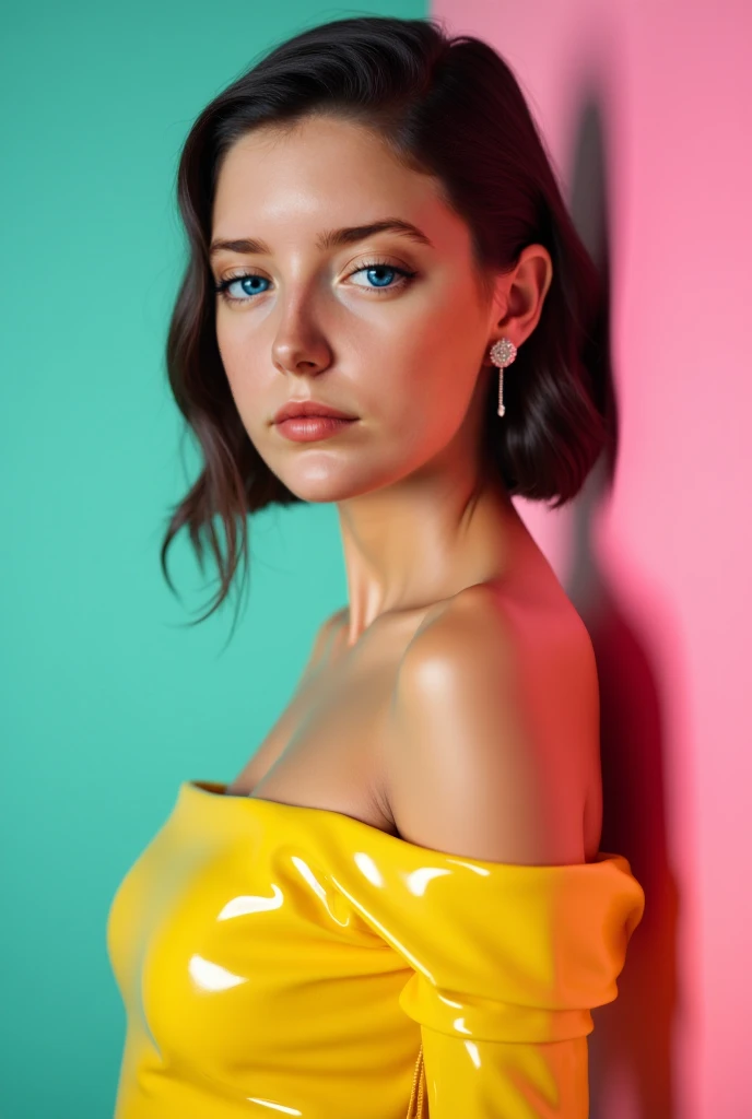 A photorealistic portrait of a modern young woman posing confidently against a vibrant gradient background blending teal and pink hues. She is dressed in a striking, glossy yellow off-shoulder dress that hugs her figure, emphasizing a bold and stylish aest...