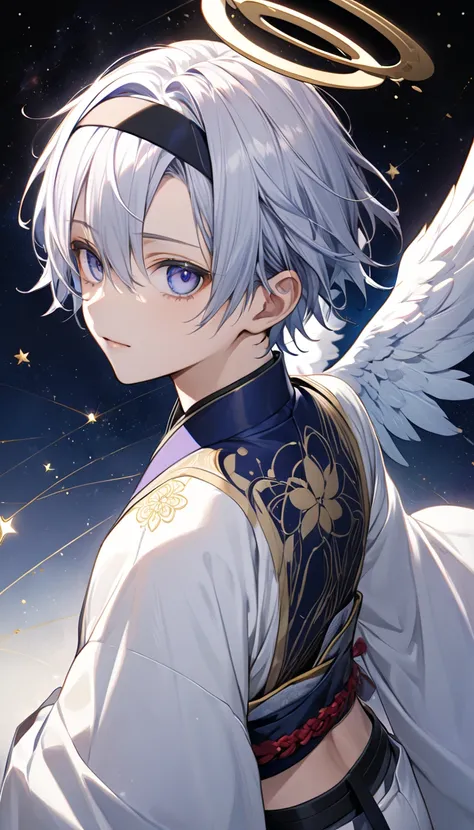 Fresh illustration,
Ultra-fine drawing,
Very delicate illustration,
Very fine details,
Drawing of a boy alone,
Arms slightly outstretched,
Height 158cm,
Fair skin,
Right eye purple,
Left eye blue,
Beautiful eyes,
Large black pupils,
Short hair,
Blue roots ...