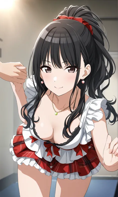  Source_anime, official style, (Hiori Kazano),  ponytail,  black hair,  dark eyes, (The Idolmaster Shiny Colors),  1 girl ,  hair between eyes ,  small breasts,  pretty butt,  cleavage, (blight smile:1.1), (Idol:1.2), ( miniskirt), ( cute pose:1.2), ( lean...