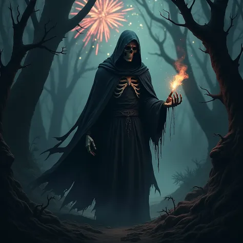 Grim Reaper in creepy forest with Bengalo in hand, Fireworks in the background, "XP9 "lettering above 