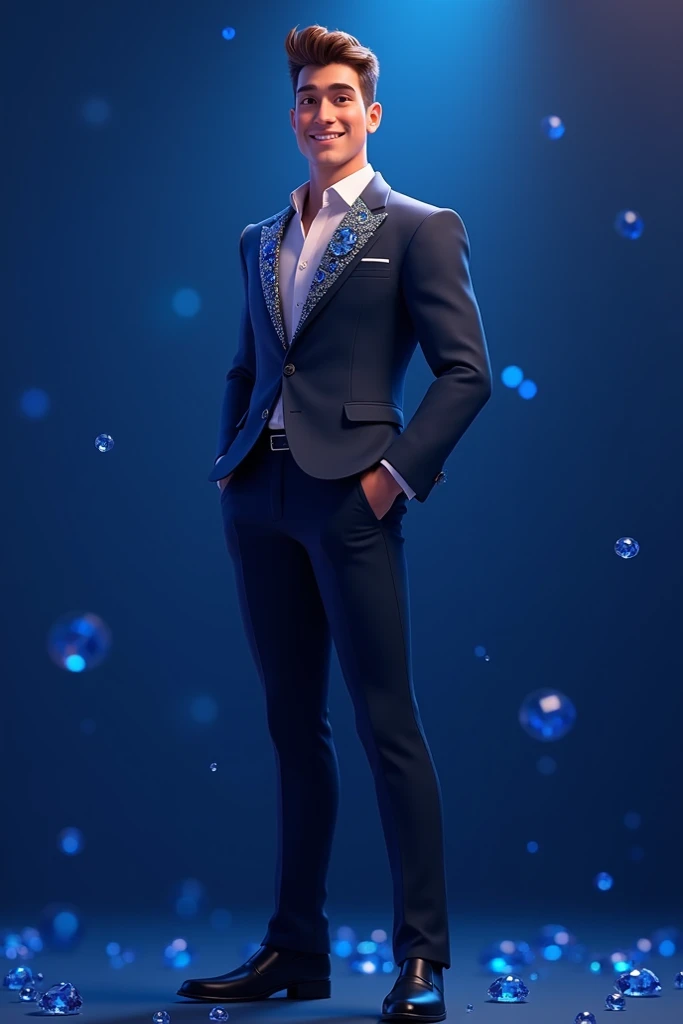 A handsome, tall and masculine young man stands dashing and cool, with a happy facial expression, facing forward towards the camera. The Outfit Suite is decorated with Ice Cold Blue Diamonds on the outfit so it looks luxurious and elegant. Dark blue birthd...