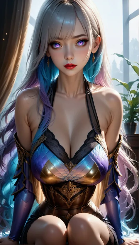 (masterpiece, aesthetic, detailed eyes, realistic), 1girl,  Long smooth straight grey hair, inner blue to violet gradient hair, blue to violet gradient eyes, large bust, slim waist, large hips, sitting in stockings in a room facing the viewer, super detail...