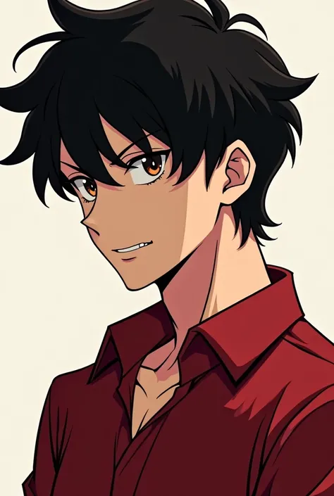  Create a male cartoon character for black hair profile photo,  dark brown eyes , crimson button up shirt showing your fangs 