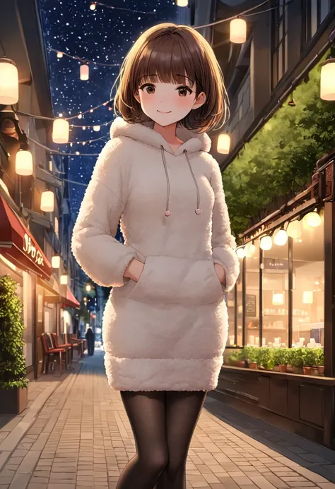 masterpiece,  top quality , Thin legs,  beautiful detail, Fine texture, Fine skin,  1 girl,  small breasts,  Brown Hair, bangs, smile, blush, (Marshmallow Inspire: 1.2), Fuzzy fleece hoodie,  Casual ,  black knitted sweater,  red muffler , dark blue, シフォン ...