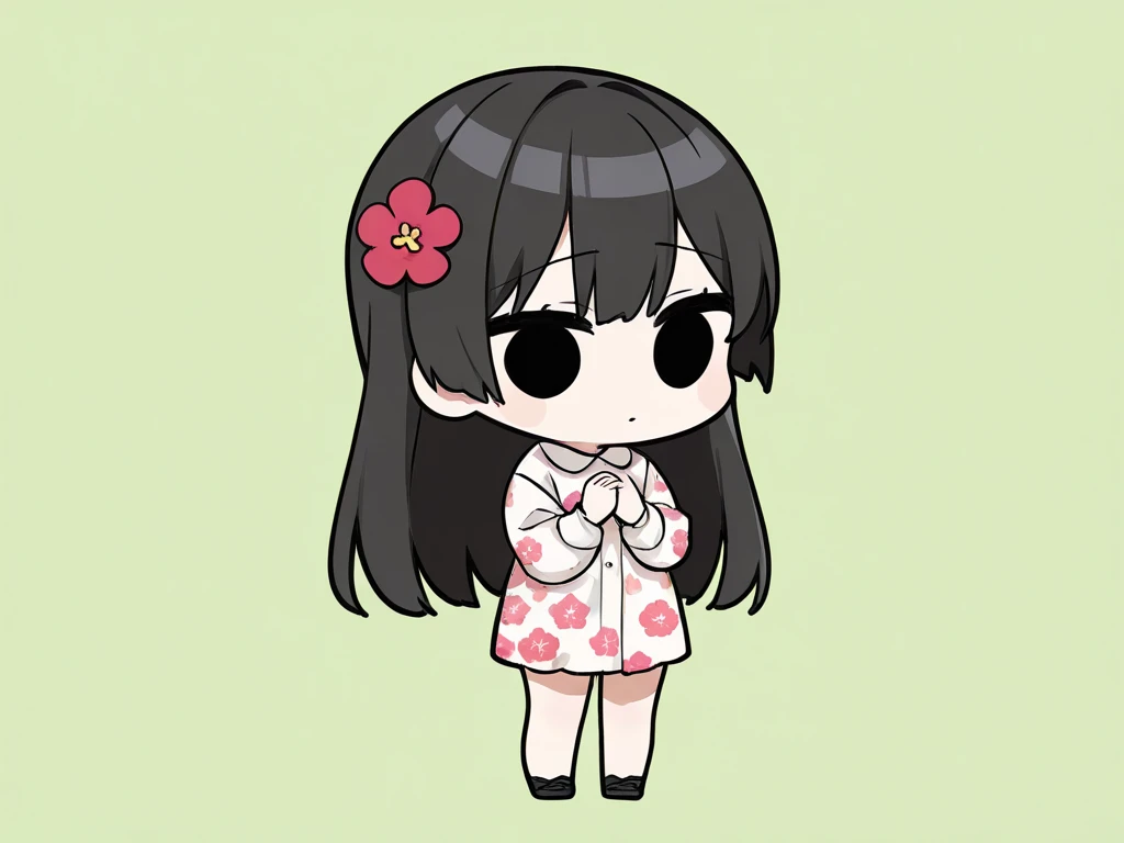 1girl,flower pattern , ブレザー,black hair,black  eye,long hair,chibi,standing, put hands on body, full body,green background