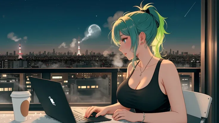 "A woman big breast with green hair tied in a ponytail sits on a chair on a rooftop balcony, gazing up at the starry night sky. She is dressed in a black tank top and blue jeans, her posture relaxed yet thoughtful. A laptop is open on the small table besid...