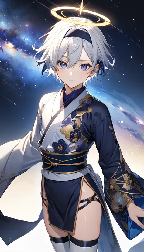 Fresh illustration,
Ultra-fine drawing,
Very delicate illustration,
Very fine details,
Drawing of a boy alone,
Arms slightly outstretched,
Height 158cm,
Fair skin,
Right eye purple,
Left eye blue,
Beautiful eyes,
Large black pupils,
Short hair,
Blue roots ...