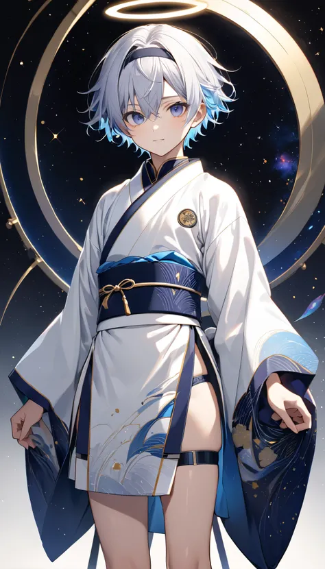 Fresh illustration,
Ultra-fine drawing,
Very delicate illustration,
Very fine details,
Drawing of a boy alone,
Arms slightly outstretched,
Height 158cm,
Fair skin,
Right eye purple,
Left eye blue,
Beautiful eyes,
Large black pupils,
Short hair,
Blue roots ...