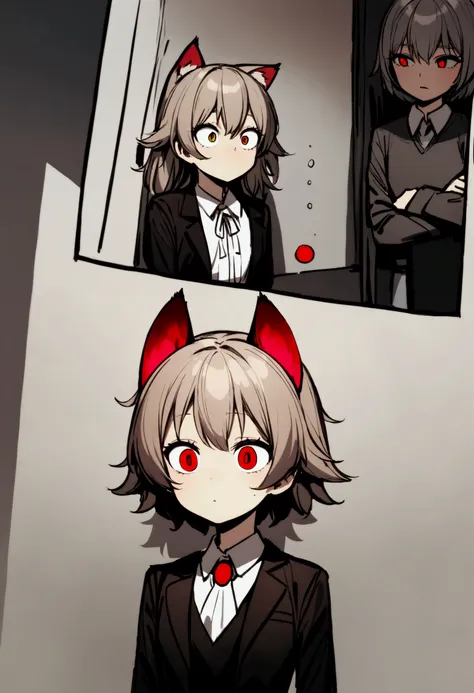A cat eared girl (age 14, professional bearing, business suit, business hairdo, oversized eyes, struggling to remain calm), she is at a business meeting trying to give a presentation but someone is shining a red dot on the wall.