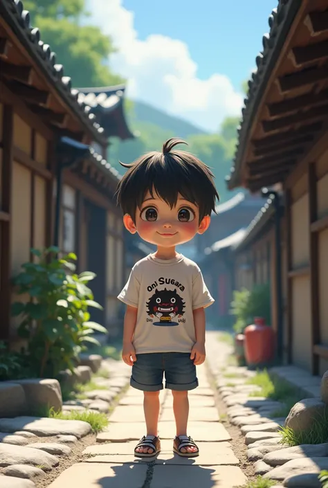 a boy, wearing a t-shirt that says oni sugara, wearing shorts, is in the village