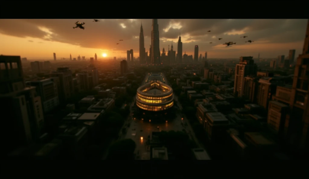 " A panoramic view of a futuristic metropolis inspired by ancient Rome ,  at sunset . in the center,  a renovated coliseum with translucent materials and floating structures , illuminated by solar energy technology .  The old buildings have been merged wit...