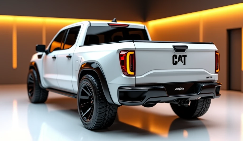 create an ultra-detailed 3D render view , of a modern 2025 Caterpillar pickup with a bold design captured from full back view. The pickup should feature a white   color with a Caterpillar    logo on its back, a large white detailed grille like long lemisou...