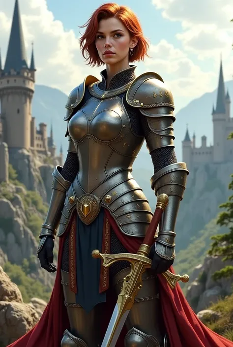 In a medieval fantasy setting, a tall and strong paladin woman with an armor (no boobs). She has short auburn hair