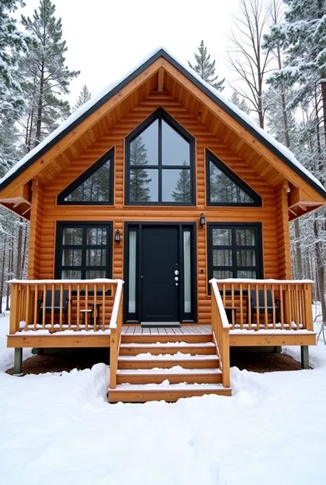 A one-story house for two people, located in a log forest with a warm atmosphere in winter. It has large windows, a black metal door with a digital keypad, and black window frames. The house has three-step stairs leading to the entrance, with chairs on bot...