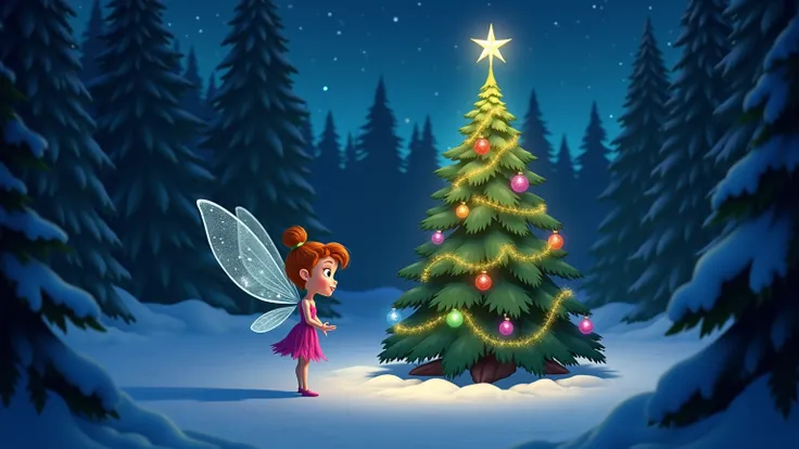  screen image for a Disney-style cartoon YouTube video story: format Pirax.  Zira at the Christmas tree :  The image of a young fairy named Zira , with shiny wings ,  standing in the evening forest in front of a majestic Christmas tree. The Christmas tree ...