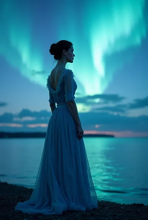 A 19 year girl wearing a arctic blue 1900s london dress beside sea shore auorra light in the sky at the sunset time