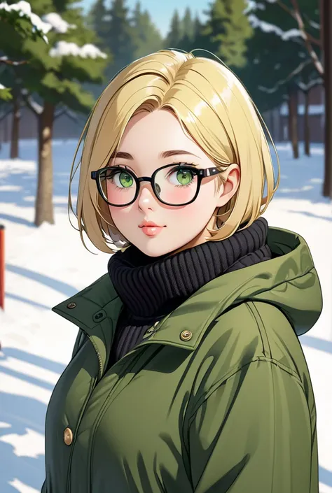 girl, chubby girl, blonde, short hair, open forehead, no bangs, green eyes, black square-rimmed glasses, green jacket, winter clothes