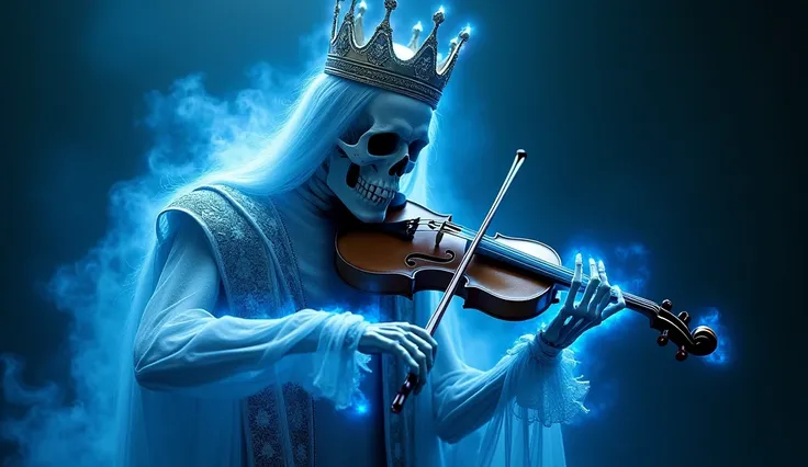 King skeleton playing violin, with blue aura