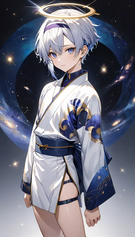 Fresh illustration,
Ultra-fine drawing,
Very delicate illustration,
Very fine details,
Drawing of a boy alone,
Arms slightly outstretched,
Height 158cm,
Fair skin,
Right eye purple,
Left eye blue,
Beautiful eyes,
Large black pupils,
Short hair,
Blue roots ...