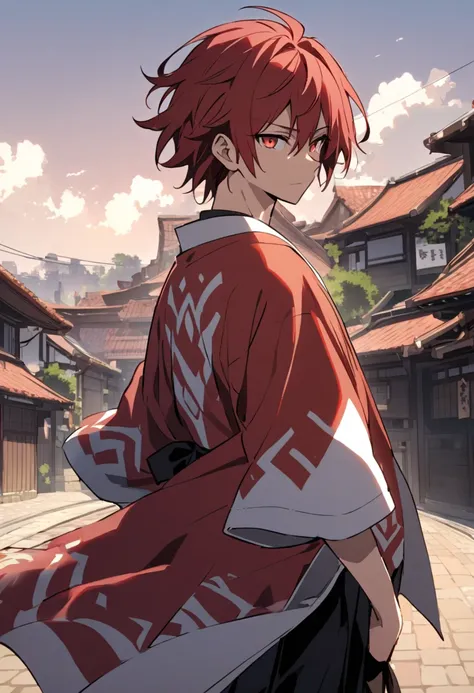 Male + red hair + red eyes + adult + red and haori + no nagagi + black hakama + solo + village background + shading