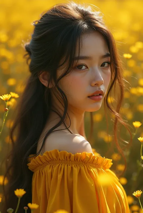 A beautiful girl in mustard flower in back side with hide face