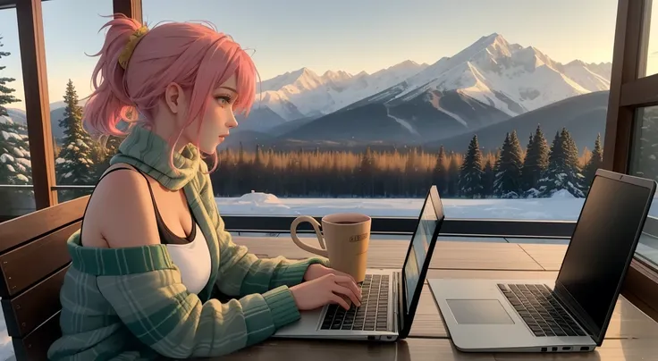 "A woman big breast with pastel green and pink hair tied in a loose ponytail sits on a wooden chair on a balcony overlooking a snow-covered mountain range. She is dressed in a black tank top and blue jeans, with a cozy plaid blanket draped over her shoulde...