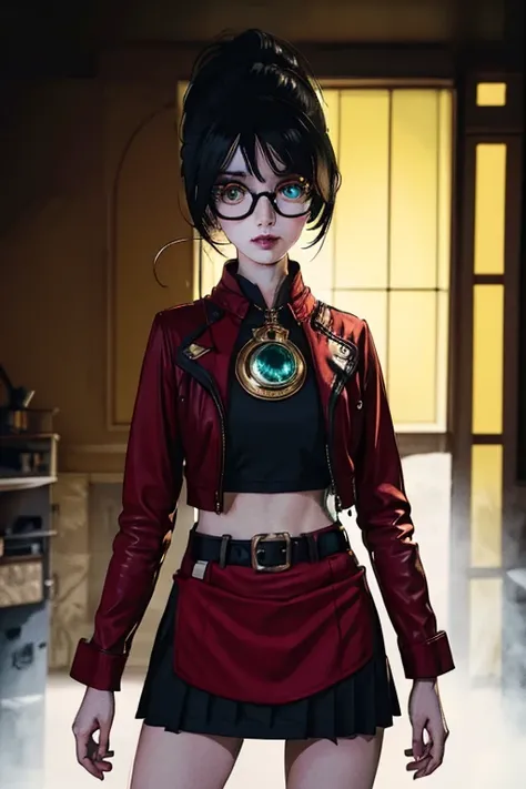 A slender woman wearing glasses, dressed in a mini skirt Santa outfit, standing in a cyberpunk scene, 1girl, detailed facial features, beautiful detailed eyes, beautiful detailed lips, extremely detailed eyes and face, long eyelashes, intricate details, ph...