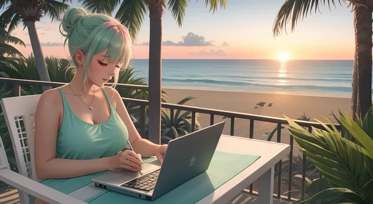 "A woman big breast with pastel green and pink hair styled in a messy bun sits on a wicker chair on a balcony overlooking a peaceful beach at dusk. She wears a black tank top and denim shorts, her posture relaxed but engaged as she types on her laptop. The...