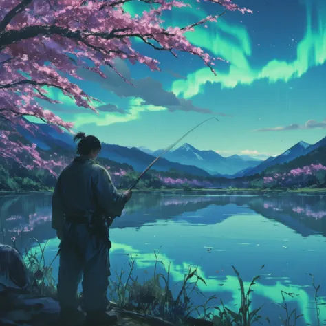 a man is fishing at a tranquil lake. sakura petals are flying around. it is raining, but the sky is filled with beautiful aurora. the lake has a clear reflection of the environment.