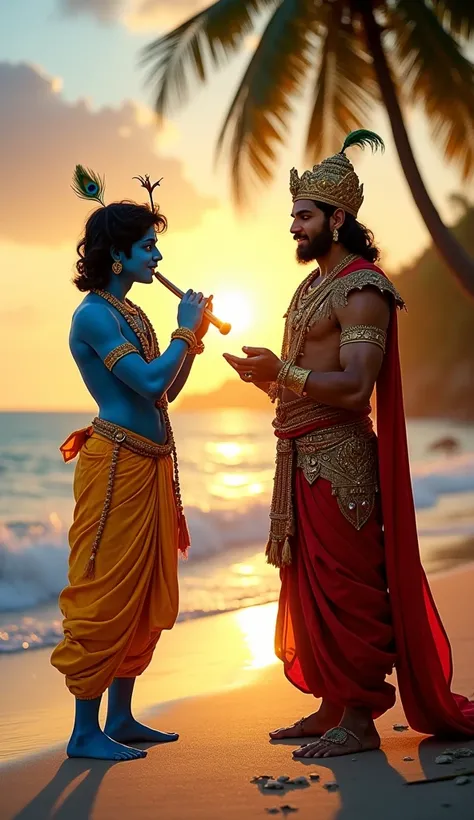 A scene on a beach at sunset with Lord Krishna, depicted with blue skin, wearing a yellow dhoti and peacock feather crown, playing his flute. He is engaged in a conversation with a Hindu king, portrayed wearing regal attire, including a golden crown, jewel...