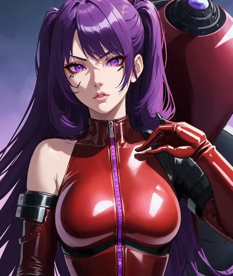 1girl, beautiful anime fighter girl, red and black leather catsuit, dark green shoulder pads, cool ace pilot with mesmerizing detailed purple eyes, detailed purple hair, beautiful detailed lips, extremely detailed face, longeyelashes, cinematic composition...