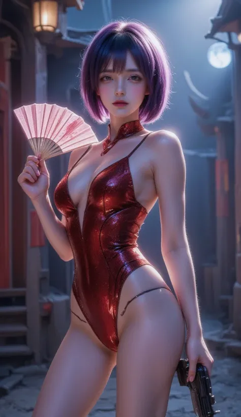 The image portrays a mature and confident woman, her eyes shining with a seductive allure. She stands in a provocative pose, embodying both strength and sensuality. Her hair is purple and short, with bangs that partially cover her eyes, giving her a myster...