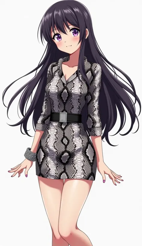  Animated Japanese adolescent woman with long hair and purple eyes and pink nails and wears a dress whose sleeves are tight , It is three-quarters long and has a neckline in the shape of  "V",  with a snakeskin print in black and white tones and a black le...