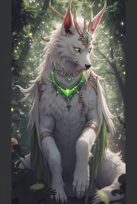 A majestic mythical beast stands amid an illuminated grove. Its form blends elegant wolf-like features with broad, golden-feathered wings that glimmer under faint moonlight. Silvery-white fur shimmers with a soft, ethereal glow, while teal energy pulses th...