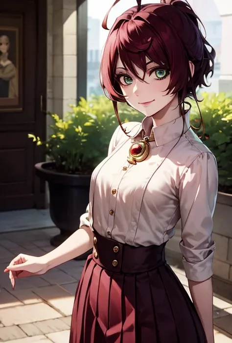 anegasaki nene、 shiny maroon hair ,  Shorthair, ( Pretty Brown Eyes 、 sparkling eyes , Fine grain)、smile、 super detailed eyes、very detailed face ,  very detailed eyes,(masterpiece:1.3), cowboy shot, (Only one woman, alone)、
, Huge_chest,  standing, alone, ...