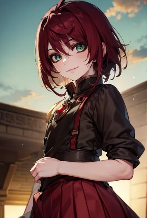 anegasaki nene、 shiny maroon hair ,  Shorthair, ( Pretty Brown Eyes 、 sparkling eyes , Fine grain)、smile、 super detailed eyes、very detailed face ,  very detailed eyes,(masterpiece:1.3), cowboy shot, (Only one woman, alone)、
, Huge_chest,  standing, alone, ...