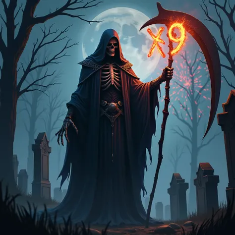  Grim Reaper in a cemetery, Flame as a  "XP9 "   in the right hand , scythe in the left hand, Fireworks in the background