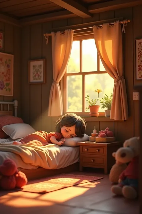 A small village house in the soft morning light. A  is sleeping on a bed, and his mother is lovingly trying to wake him up 3d pixar 