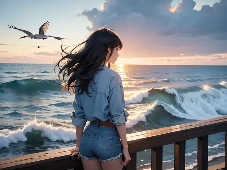 1girl, Solo, Long Hair, From Above, standing. Wearing short denim and untucked oversize shirt. From behind view. By the sea wave at the beach. At Sunset. Seagulls are flying. Fishing boats in the sea.