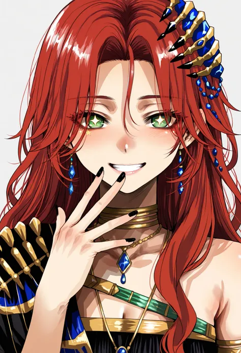 (Hoshi San 3:0.9), 1girl, sophia(manus vindictae)(reverse:1999), long hair, red hair, black dress, armlet, black nails, blue gemstone jewelry, gold choker, jewelry, green eyes, (star-shaped eyes, white pupils), portrait, smile, grin, looking at viewer, gre...
