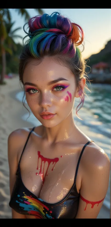 gorgeous woman, paint splatter, vibrant colours, rainbow colours, full body, gorgeous face, short rainbow hair, body paint, 23 year oldmasterpiece,best quality, highly detailed, score_9, score_8_up, score_7_up, score_6_up, score_5_up, score_4_up, Expressiv...