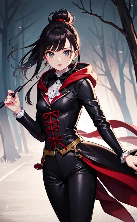 (top quality, 4K, masterpiece :1.3), a cute young beautiful asian woman shemale, dark haired, pale skin, grey eyes, asian slanted eyes, long hairs, red lips, sword held, earring, Victorian black leather hunter outfit, black boots, pants, high ponytail, bra...