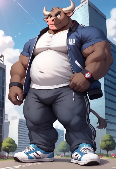 Scribble bull Bovine face,furry(bull Bovine),chubby, muscular, big strong muscle,( black eyebrows :1.1),(perfect eyes), fur，alone,（artist:takemoto arashi),（jock:1.3）， standing, Sneakers，（ Black beard :1.3），（Civil :1.3, College jacket, t-shirt, pants) bull ...