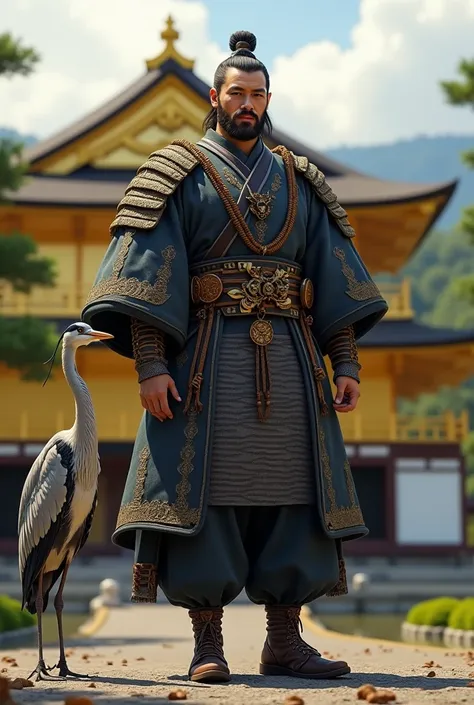  Create a realistic image of a very strong Japanese soldier, in uniform,  with a huge heron walking alongside , a little behind him . In the background temple of the golden pavilion . 