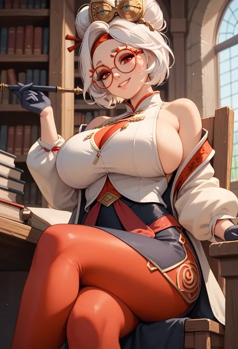 1 girl, solo, purah, hair ornament, red headband, red glasses, sleeveless shirt, white coat, black skirt, red leggings, gloves, indoors, medieval library, sitting in wooden chair, crossed legs, laid back, low angle, side view, upper body, huge breasts, sid...