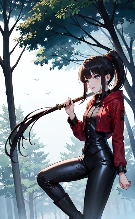 (top quality, 4K, masterpiece :1.3), a cute young beautiful asian woman shemale, dark haired, pale skin, grey eyes, asian slanted eyes, long hairs, red lips, sword held, earring, Victorian black leather hunter outfit, black boots, pants, high ponytail, bra...