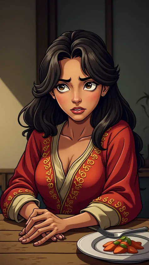 A close up of another womans face ,  with an expression of hesitation and guilt ,  moment as she looks at a  next to her .  Her robes in vibrant shades of red and gold are marked by time ,  with detailed embroidery .  

 The background features a rustic ta...