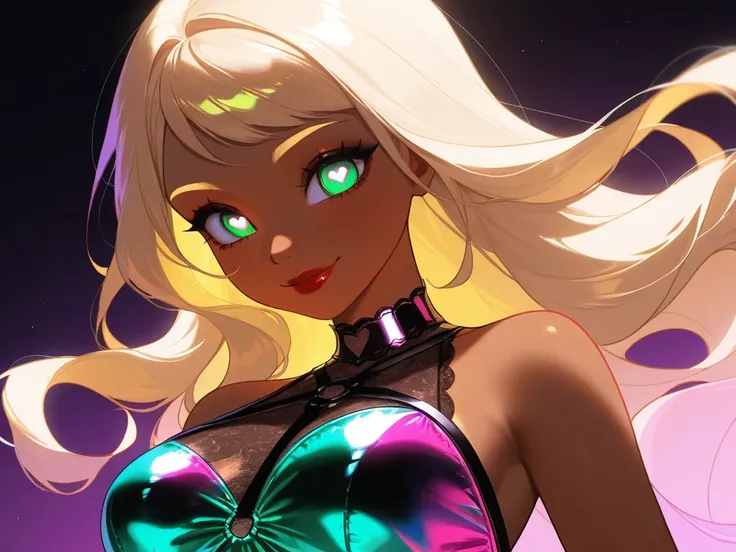 OC, female, semi realism, dark tanned skin, red lips, blonde eyebrows, perfect face, long wavy light Ashe blonde hair with bang,  half-closed Green eyes, smile neon glamorous cyber, sweet aesthetic, harness and lace neon dress, mystic luminescent, sexy,,he...