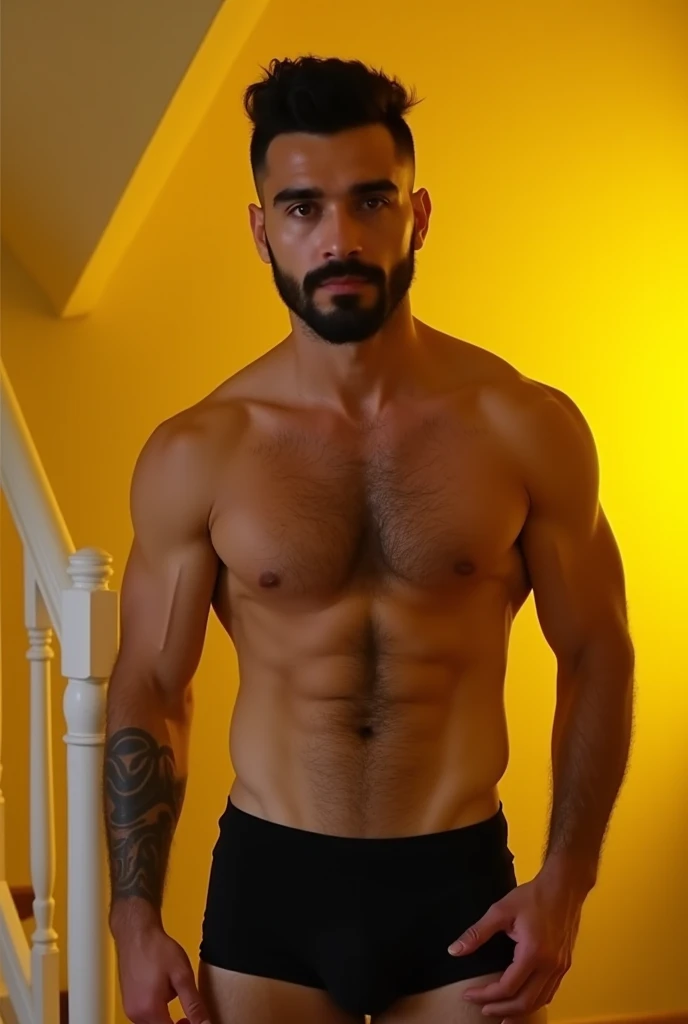 Photograph of a muscular, bearded man of Spanish origin, dark hair, and a trimmed beard, standing indoors against a yellow wall. He is wearing tight, black briefs. His physique is well-defined with prominent  hairy chest and abdominal muscles. The backgrou...